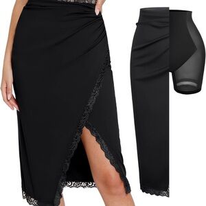 Popilush Midi Lace Trim Split Skirt With Built In Shape wear